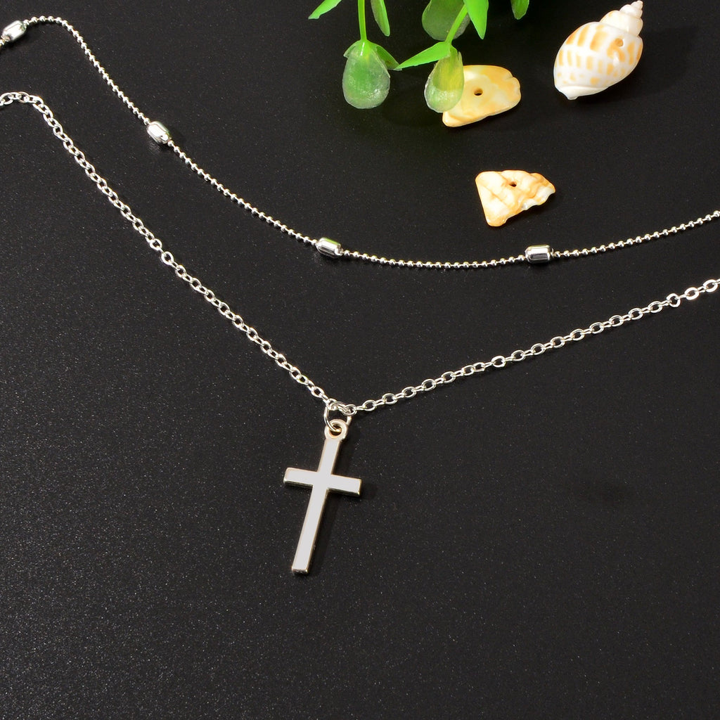 Punk Rock Style Double Layered Silvery Chain Cross Pendant Necklace Women Party Daily Jewelry