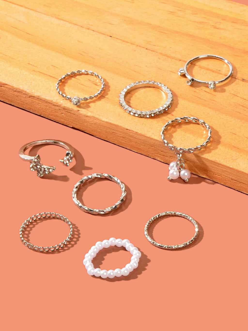 Set of Ten Silver Butterfly and Pearl Shaped Rings Elegant Statement Collection