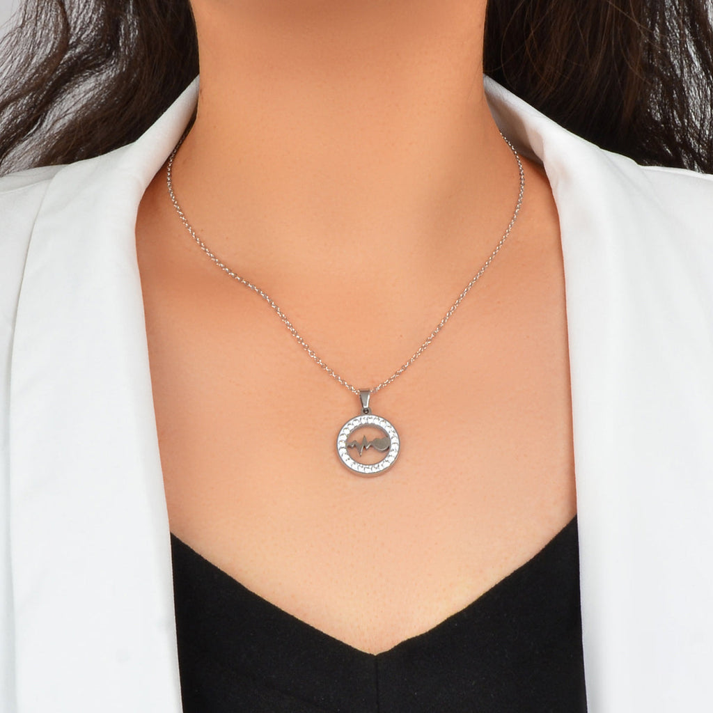 Silver Stainless Steel Rhinestone Decoration Circle Electrocardiogram Necklace