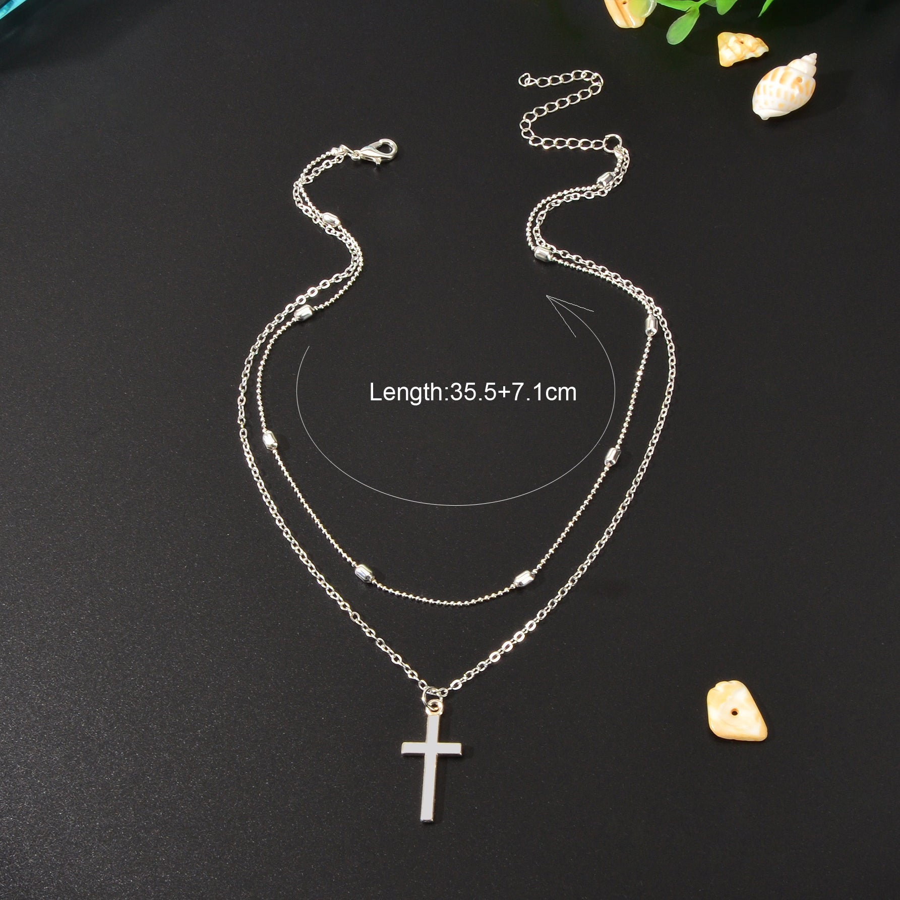 Punk Rock Style Double Layered Silvery Chain Cross Pendant Necklace Women Party Daily Jewelry