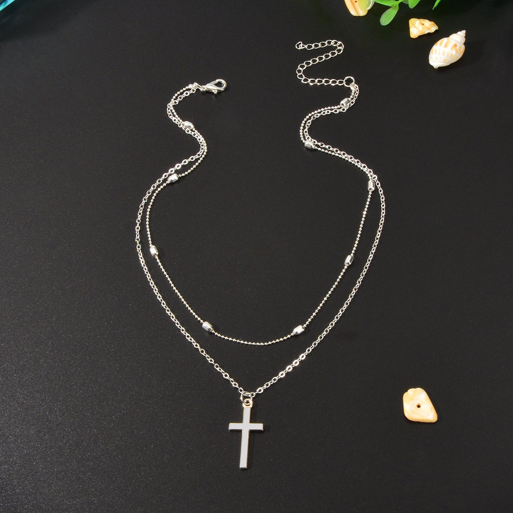 Punk Rock Style Double Layered Silvery Chain Cross Pendant Necklace Women Party Daily Jewelry