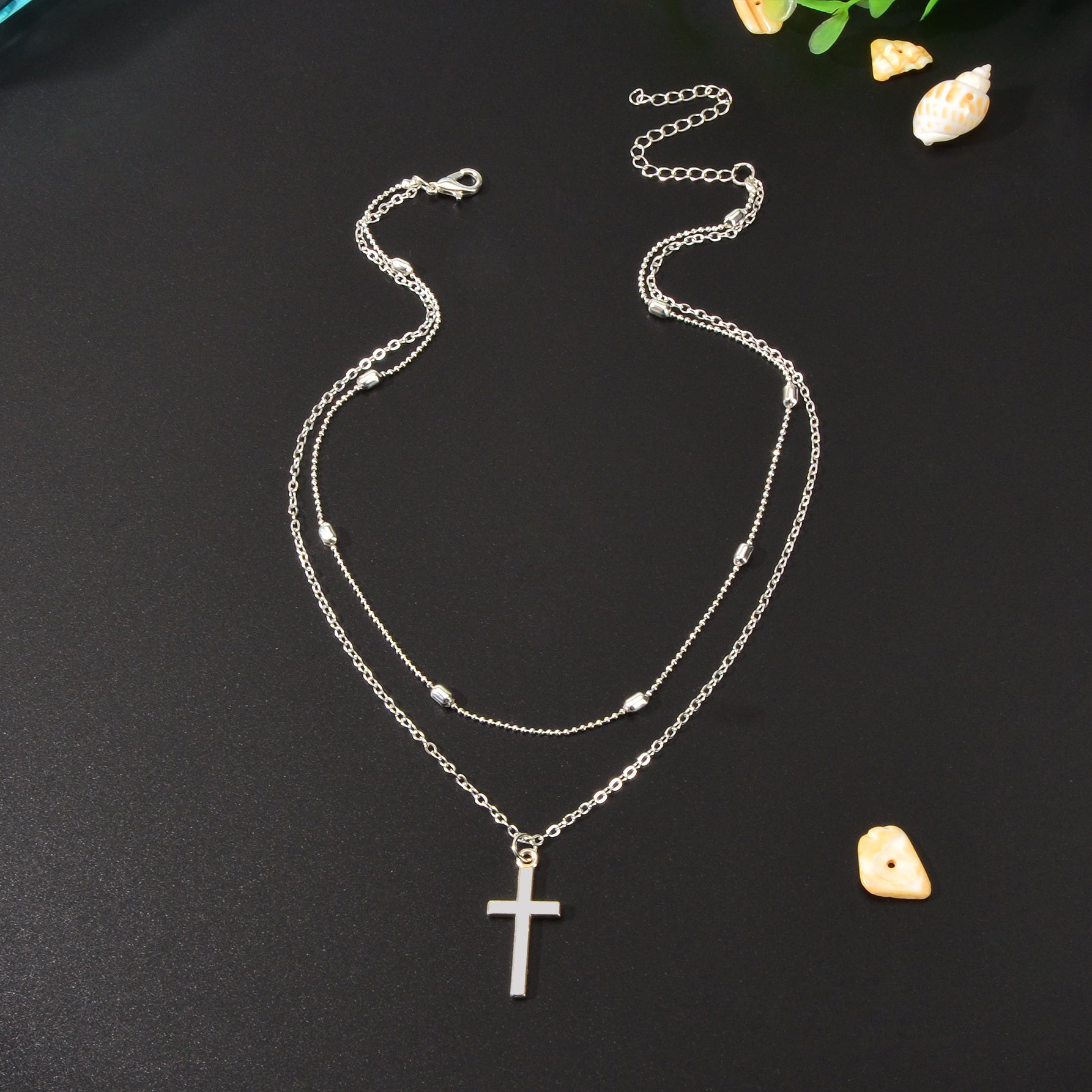 Punk Rock Style Double Layered Silvery Chain Cross Pendant Necklace Women Party Daily Jewelry