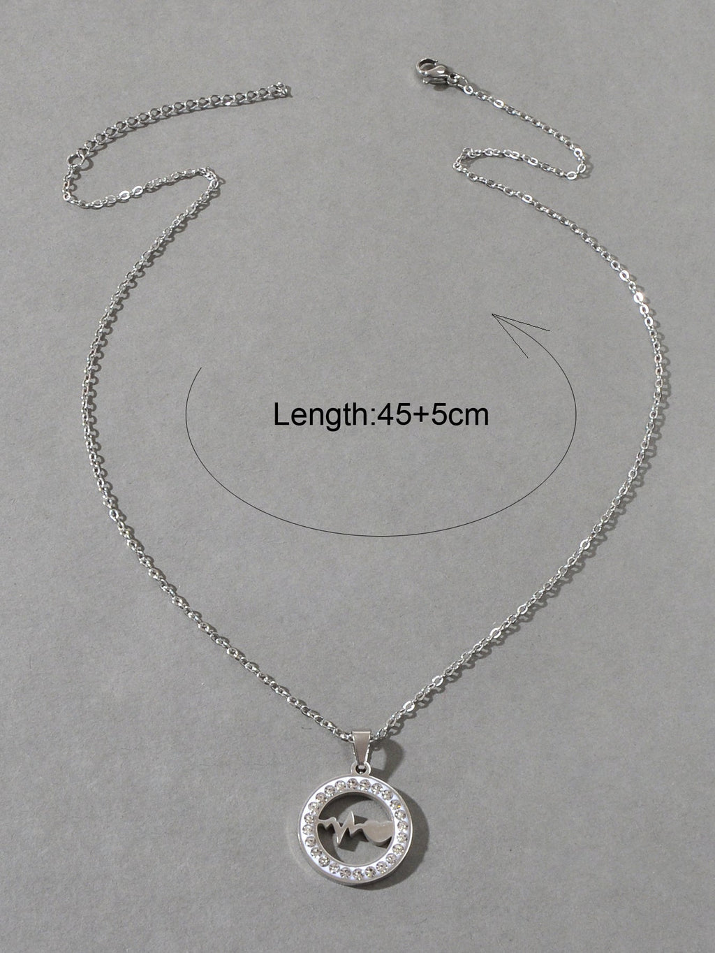 Silver Stainless Steel Rhinestone Decoration Circle Electrocardiogram Necklace