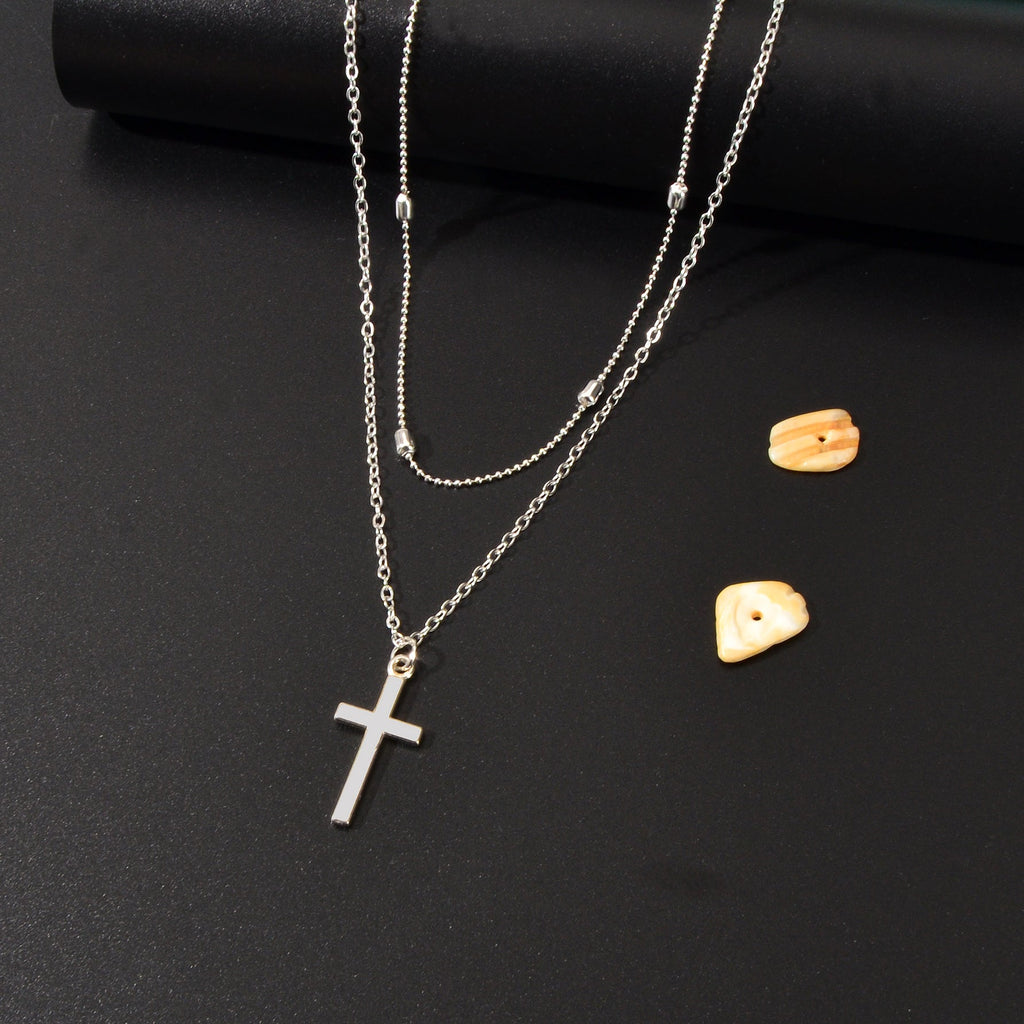Punk Rock Style Double Layered Silvery Chain Cross Pendant Necklace Women Party Daily Jewelry