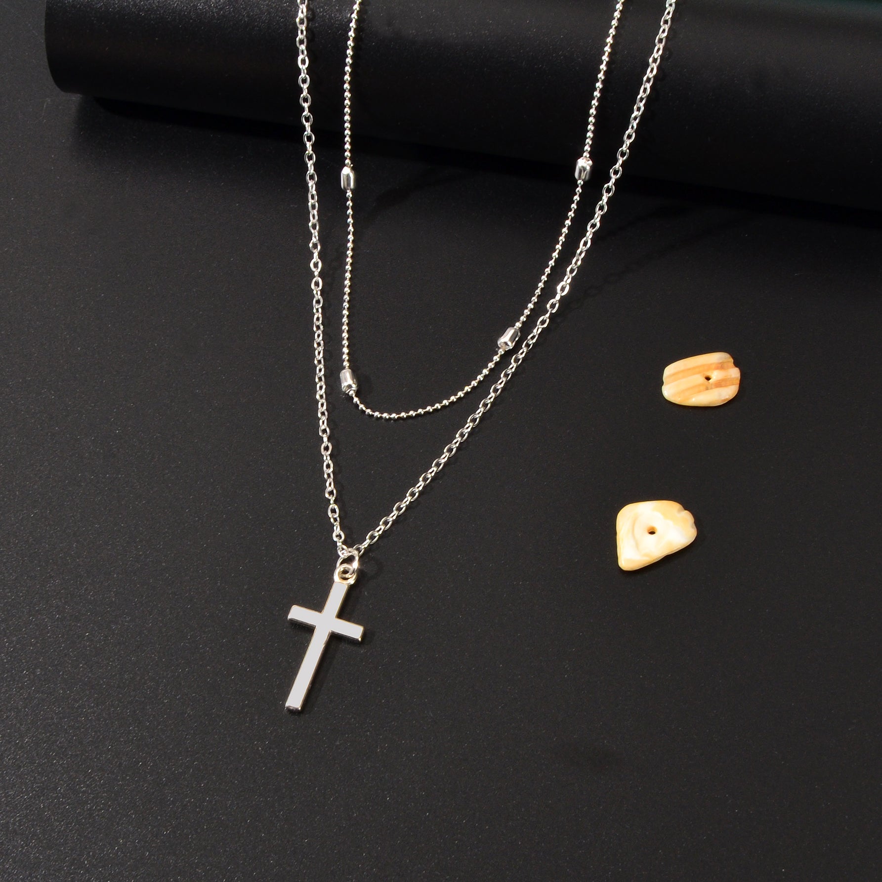 Punk Rock Style Double Layered Silvery Chain Cross Pendant Necklace Women Party Daily Jewelry
