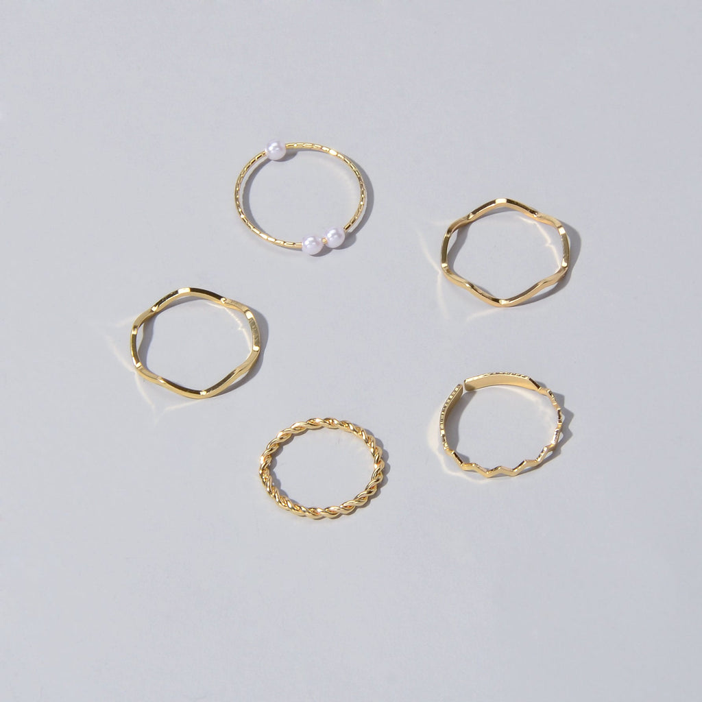 Stackable 5 pcs Metal Pearl Minimalist Finger Ring set Multiple Rings Bulk Pack