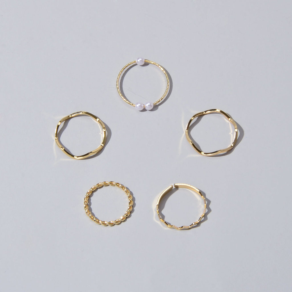 Stackable 5 pcs Metal Pearl Minimalist Finger Ring set Multiple Rings Bulk Pack
