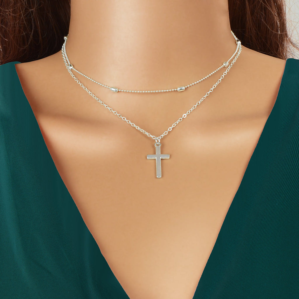 Punk Rock Style Double Layered Silvery Chain Cross Pendant Necklace Women Party Daily Jewelry